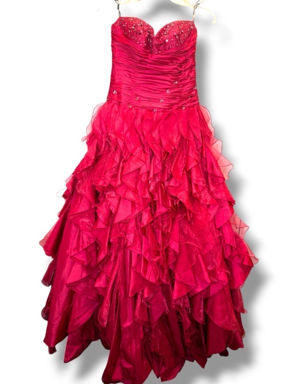Hot Pink Formal Gown Medium Ruffled Tiered Princess Sequins - Picture 5 of 10